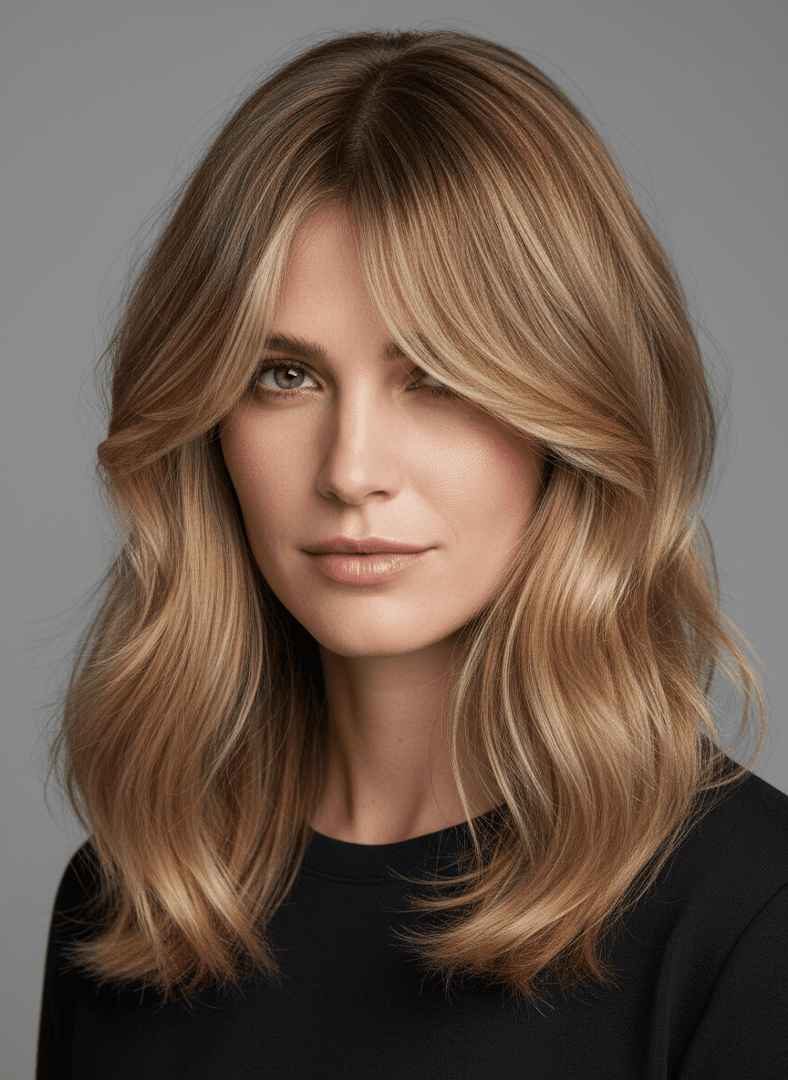Honey Blonde Curtain Bangs