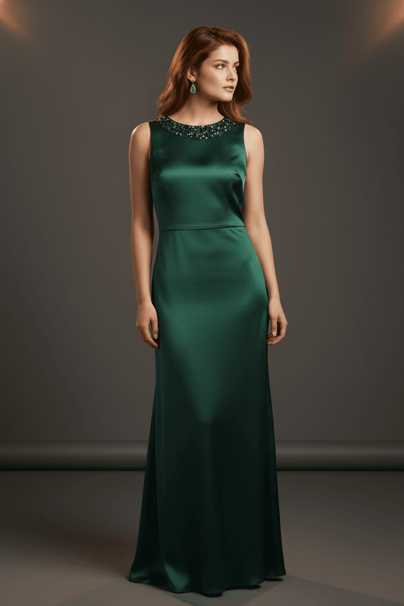 Emerald Satin Evening Gown