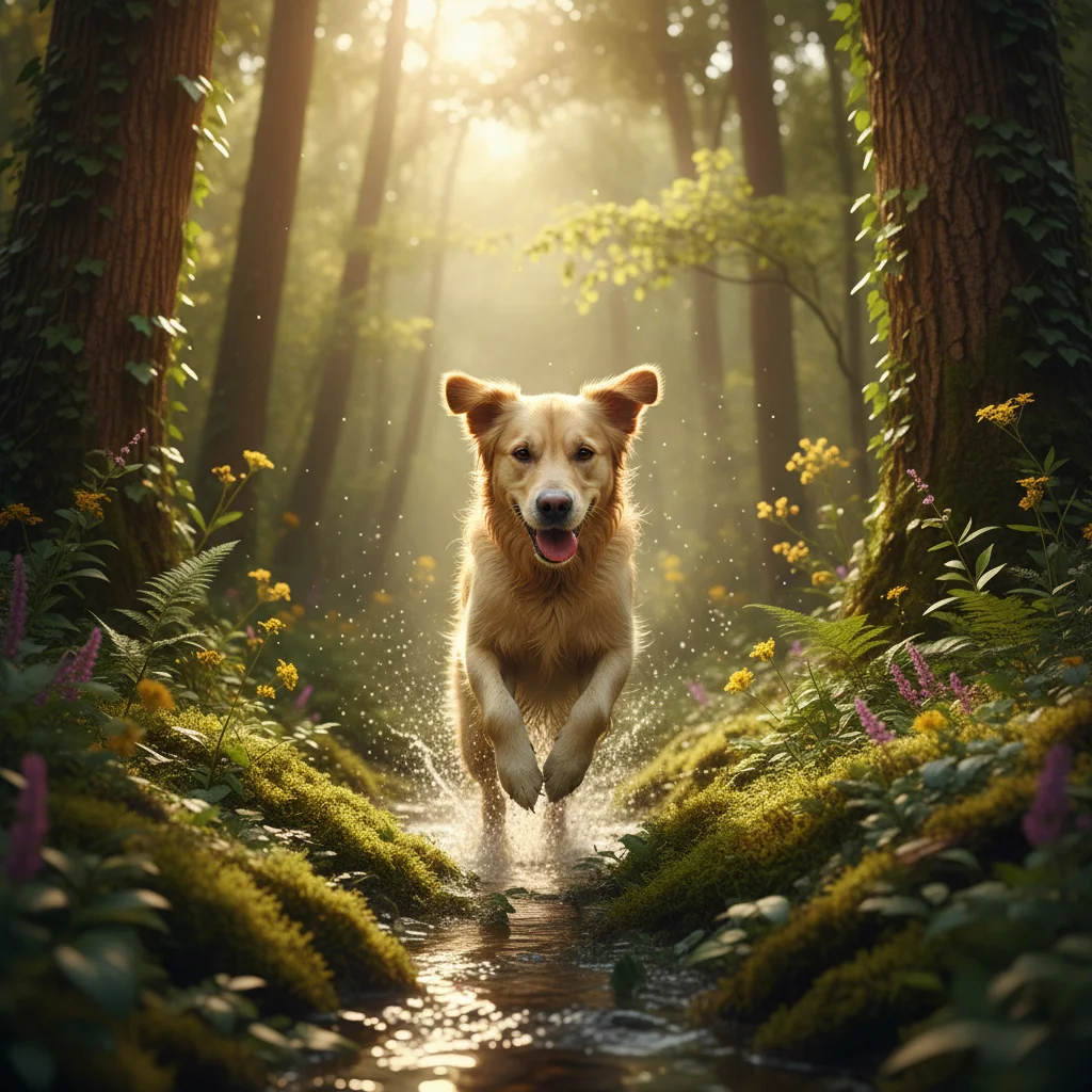 Golden Retriever running through a sun-dappled forest stream