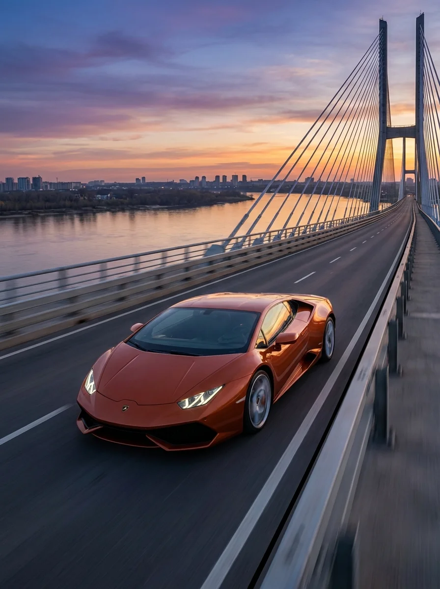 Orange Lamborghini Drives Across a Bridge at Sunset