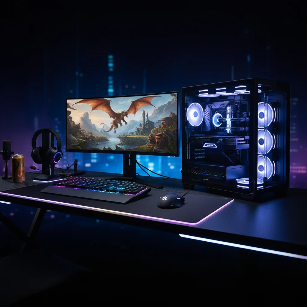 Gaming PC Setup with Dragon Art on Monitor