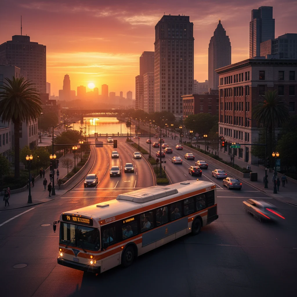 Cityscape at Sunset with Bus and Traffic