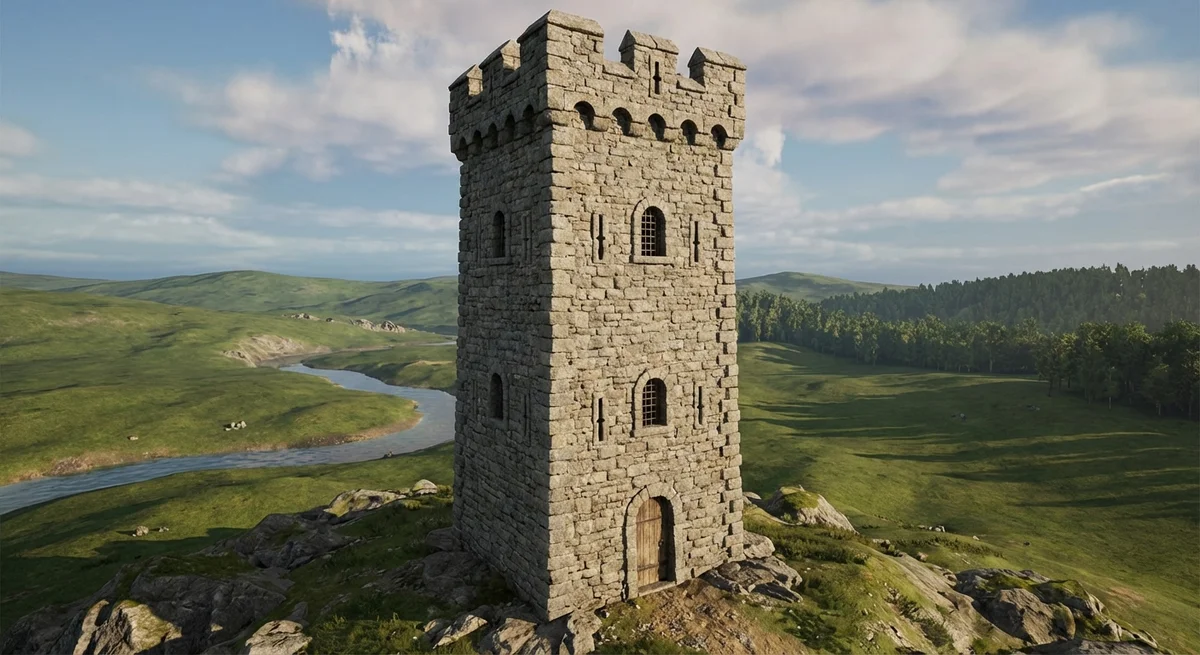 Stone Tower in a Lush Green Landscape