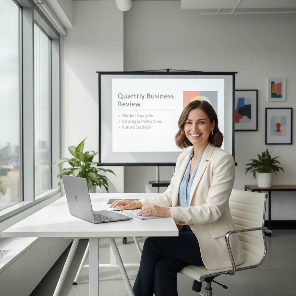 Businesswoman smiles during a quarterly review presentation