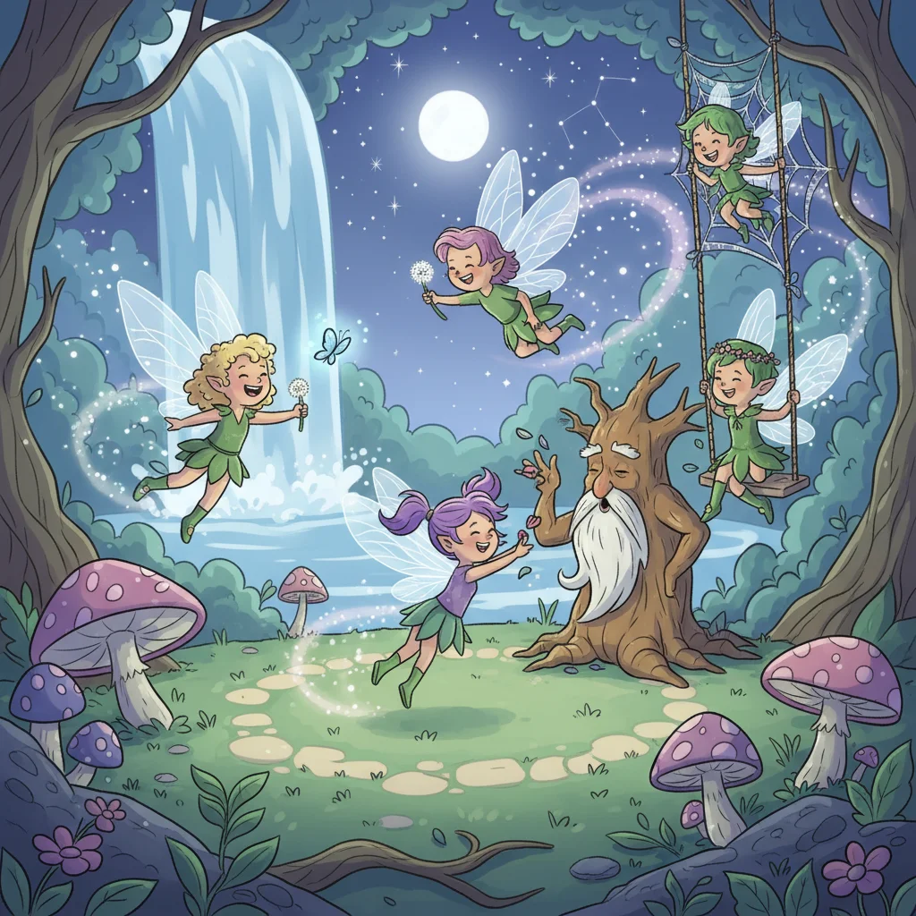 Fairies Play in a Magical Moonlit Forest
