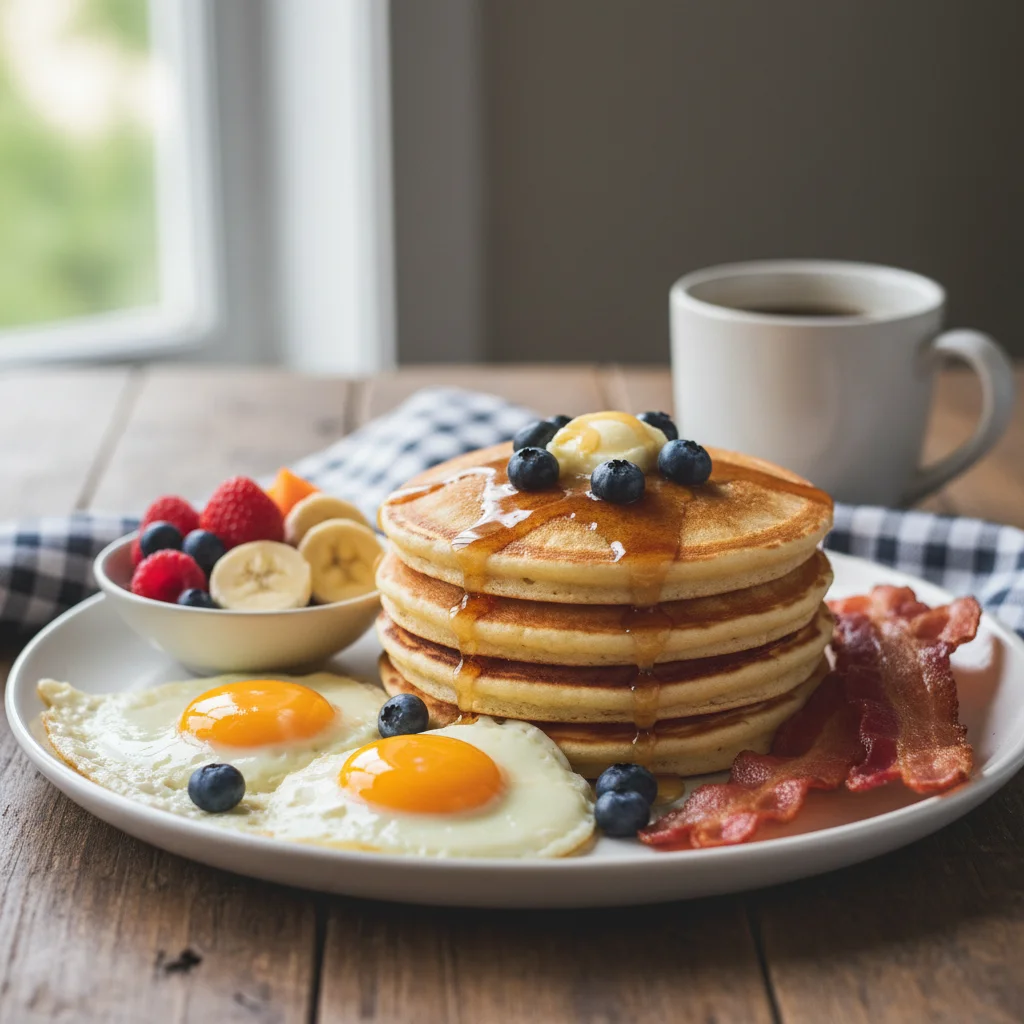 Delicious Breakfast Spread with Pancakes, Eggs, and Fruit