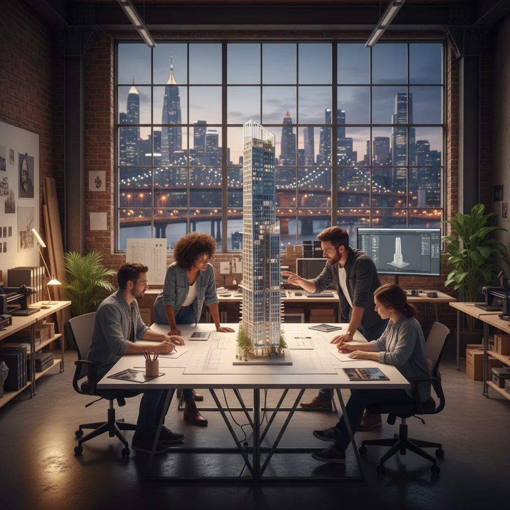 Architects collaborate on skyscraper model with city skyline view