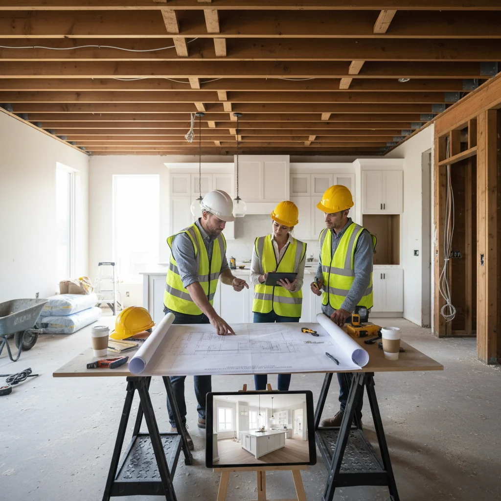 Construction Team Reviews Blueprints at Building Site