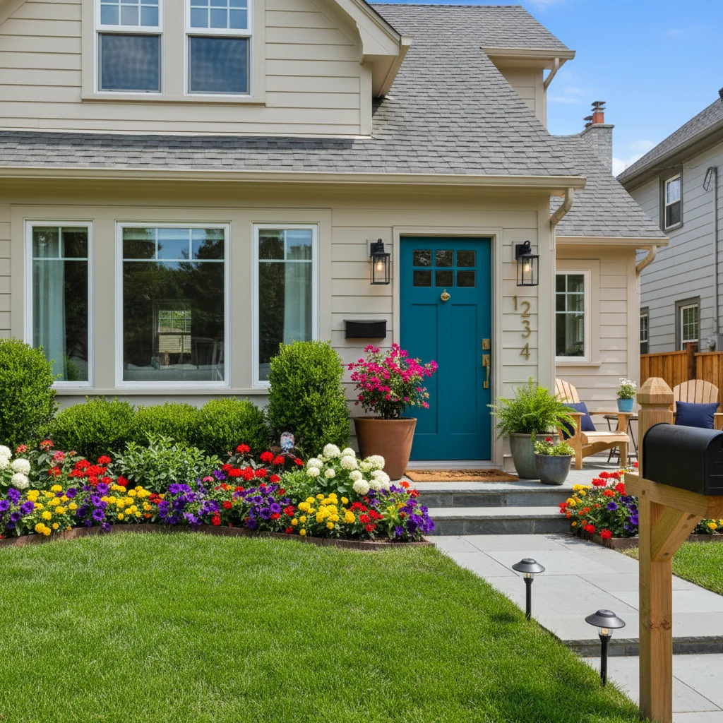 Charming Home with Vibrant Flower Garden and Teal Door