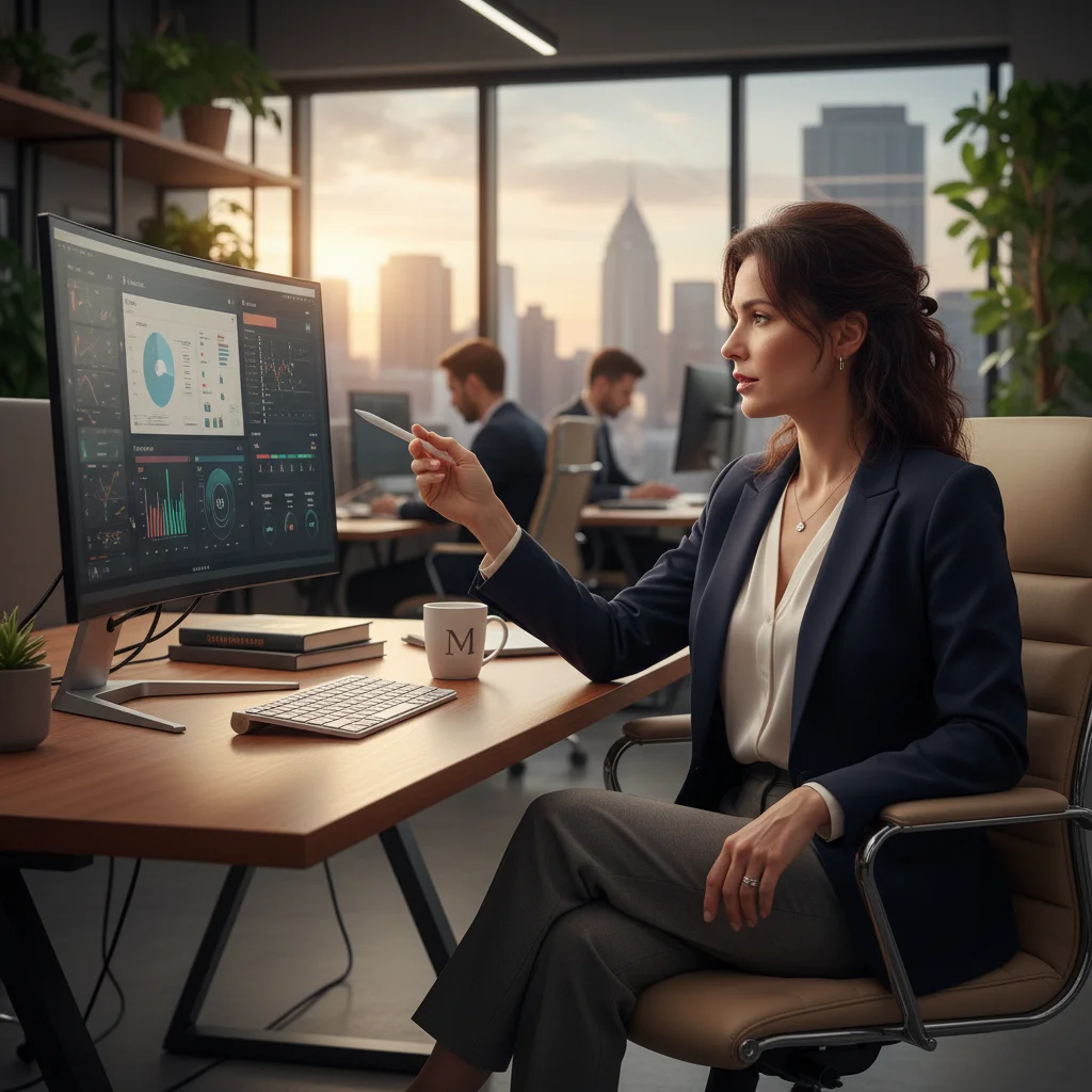 Businesswoman analyzing financial data on computer in office