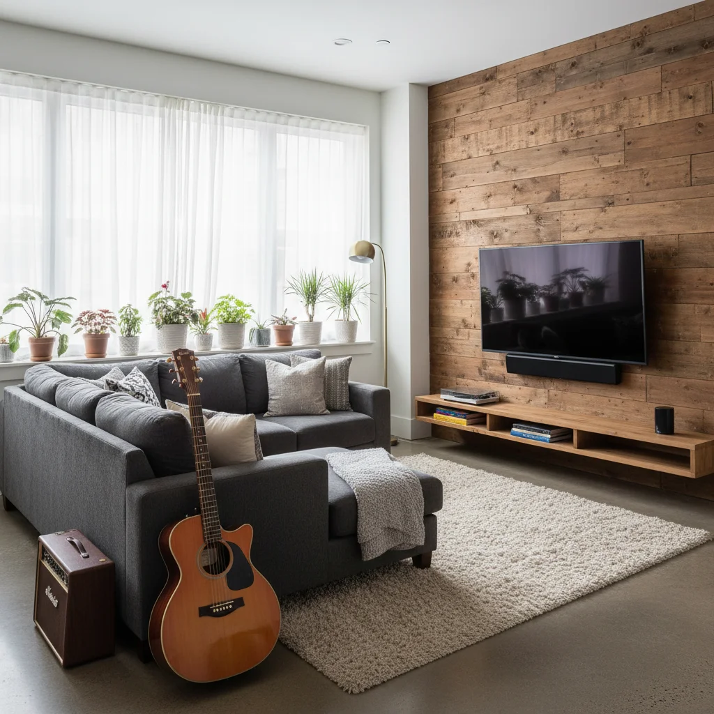 Modern Living Room with Rustic Wood Accent Wall